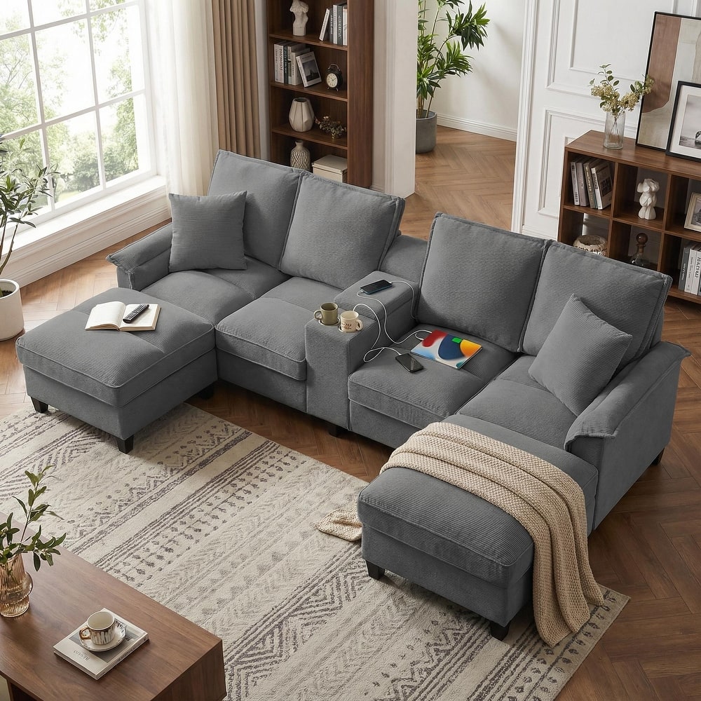 Homy Casa 120" U-Shaped Modular Corduroy Sectional Sofa Bed w/ Storage, Cup Holders & USB, 4-Seat (Beige/Green/Gray/Black)