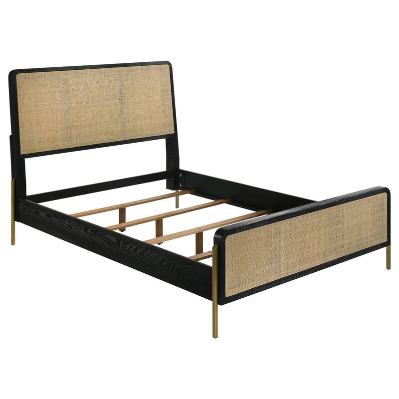 Arini Rattan Queen Panel Bed in Black and Natural with Woven Headboard and Low Footboard for Modern Coastal Style