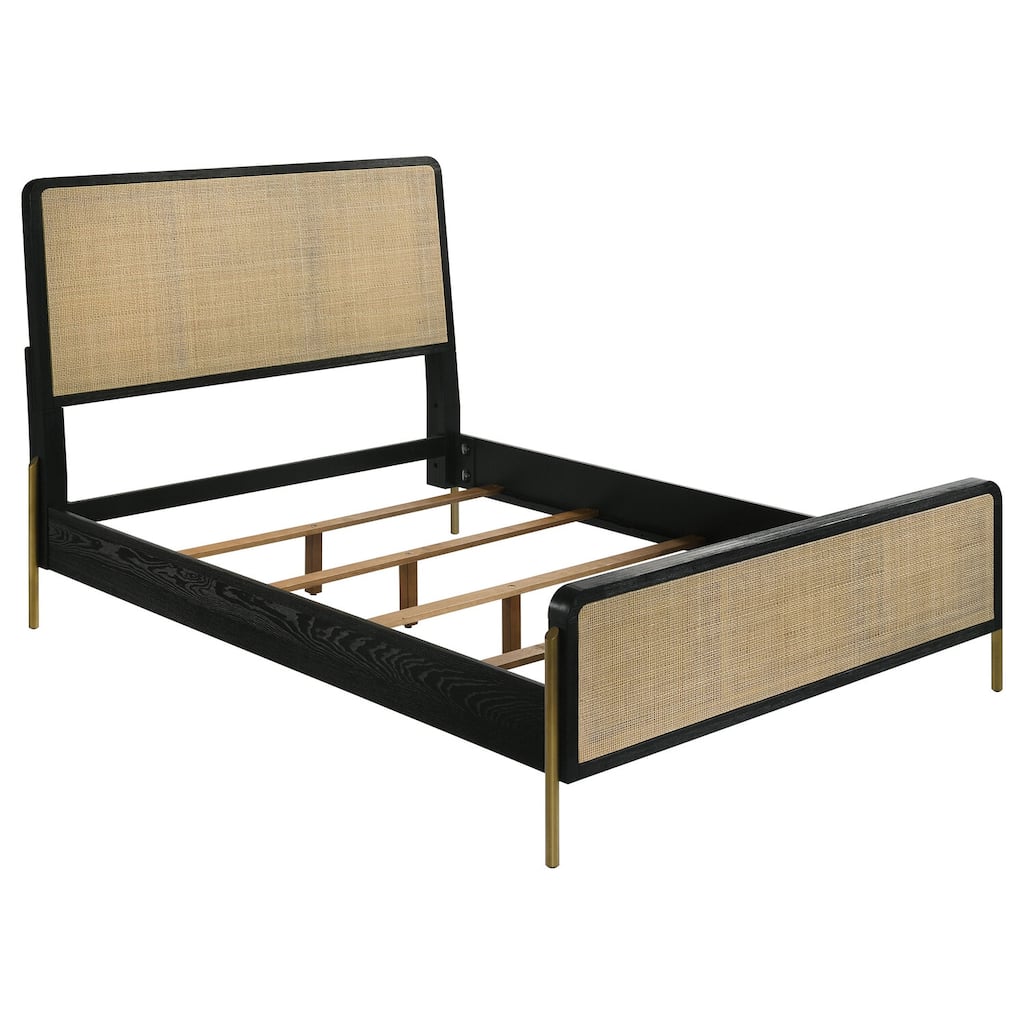 Arini Rattan Queen Panel Bed in Black and Natural with Woven Headboard and Low Footboard for Modern Coastal Style
