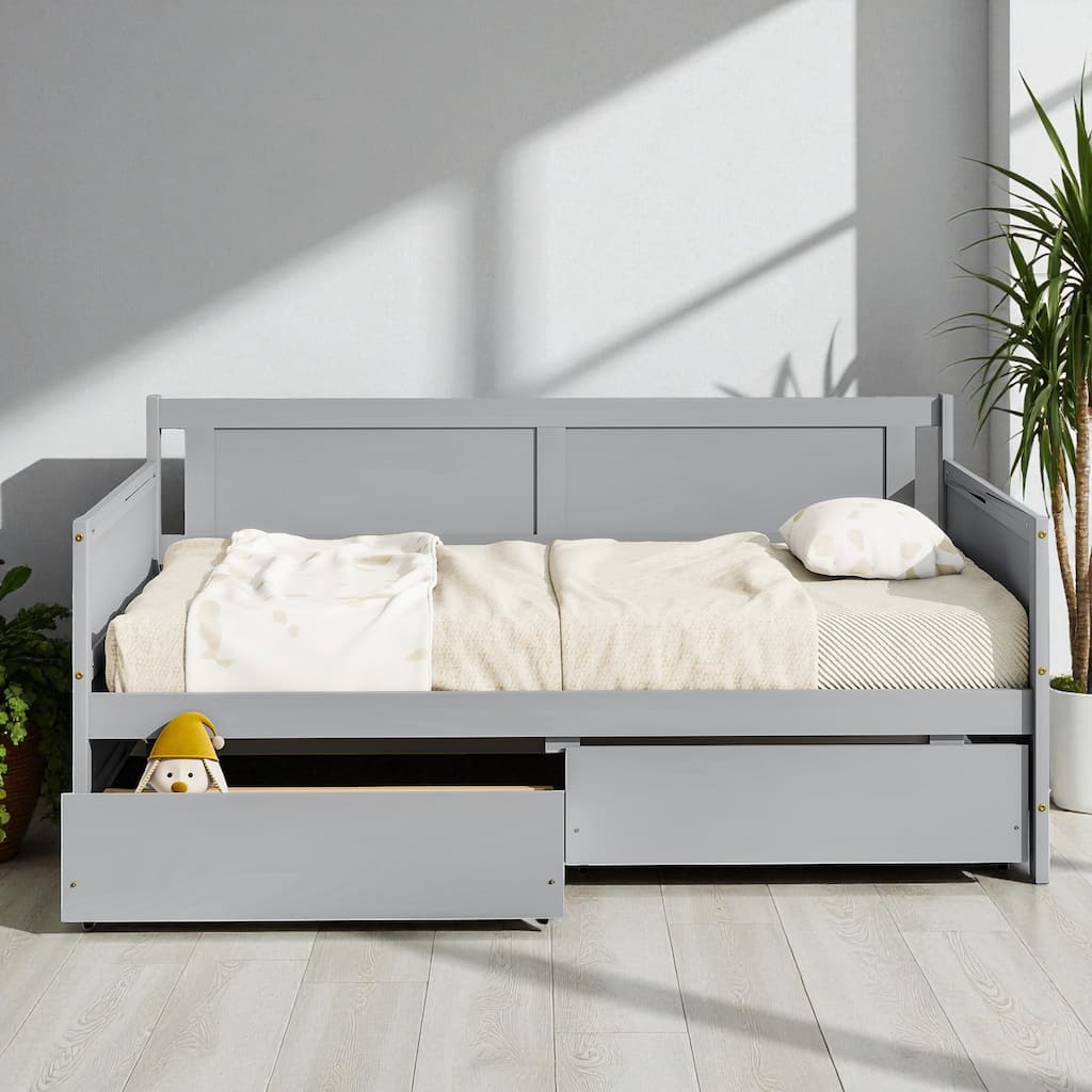 Twin Size Solid Pine Wood Daybed with Two Storage Drawers, Modern Sofa Bed Frame with Pull-Out Storage