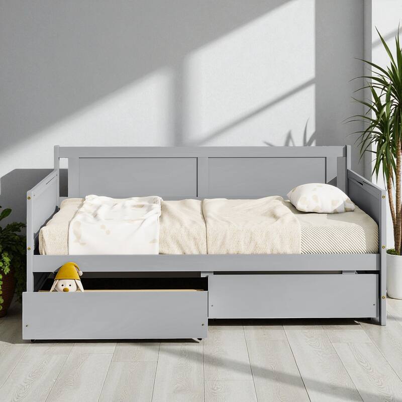 Twin Size Solid Pine Wood Daybed with Two Storage Drawers, Modern Sofa Bed Frame with Pull-Out Storage - Grey - Twin
