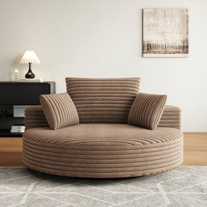 Oversized Swivel Accent Chair, Corduroy Round Lounge Sofa Chair, Upholstered Reading Armchair with Back Cushion & 2 Pillows
