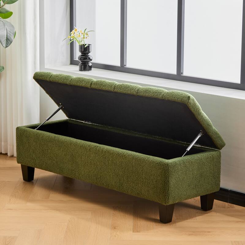 Roomfitters Tufted Storage Ottoman Bench, Faux Leather Upholstered Seat with Wood Legs, Entryway or Bedroom Use - Green