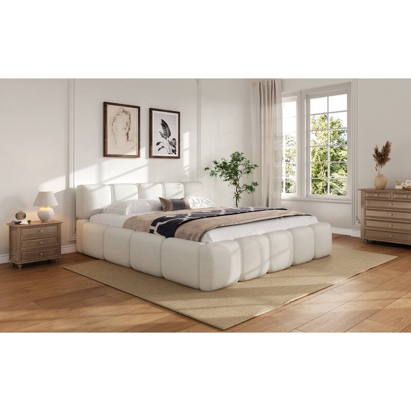 Boucle Upholstered Bed Low Profile Grounded Bed Block-shape Floor Bed Wingback Platform Bed with Thick Headboard and Footboard