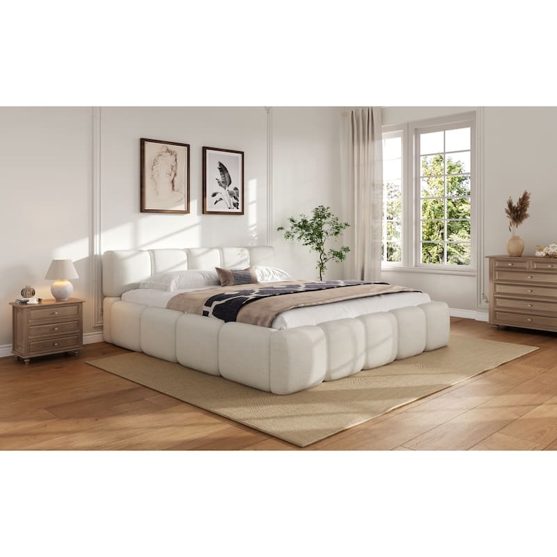 Modern Upholstered Bed Frame Block Style Grounded Bed with Thick Headboard, Lowprofile Wingback Bed Floor Bed Platform Bed Frame