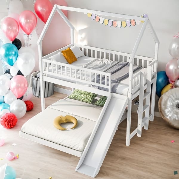 slide 2 of 26, Twin over Full House Bunk Bed with Slide and Built-in Ladder, Full-Length Guardrail,High-quality Solid Pine Wood,2 Color White