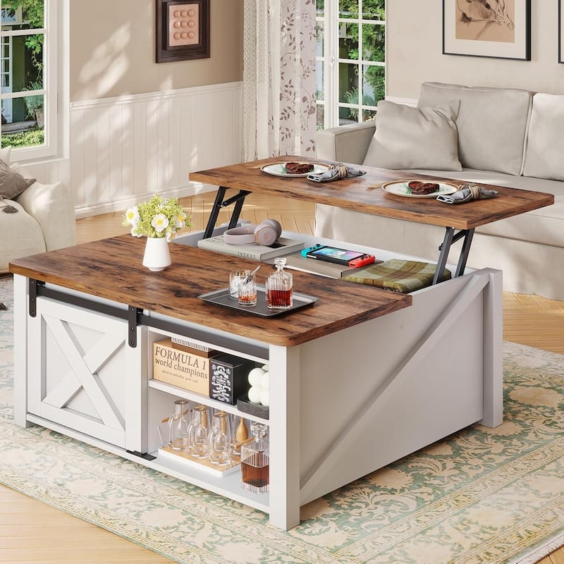Coffee Table Lift Top Square Center Table Barn Door Adjustable Shelves