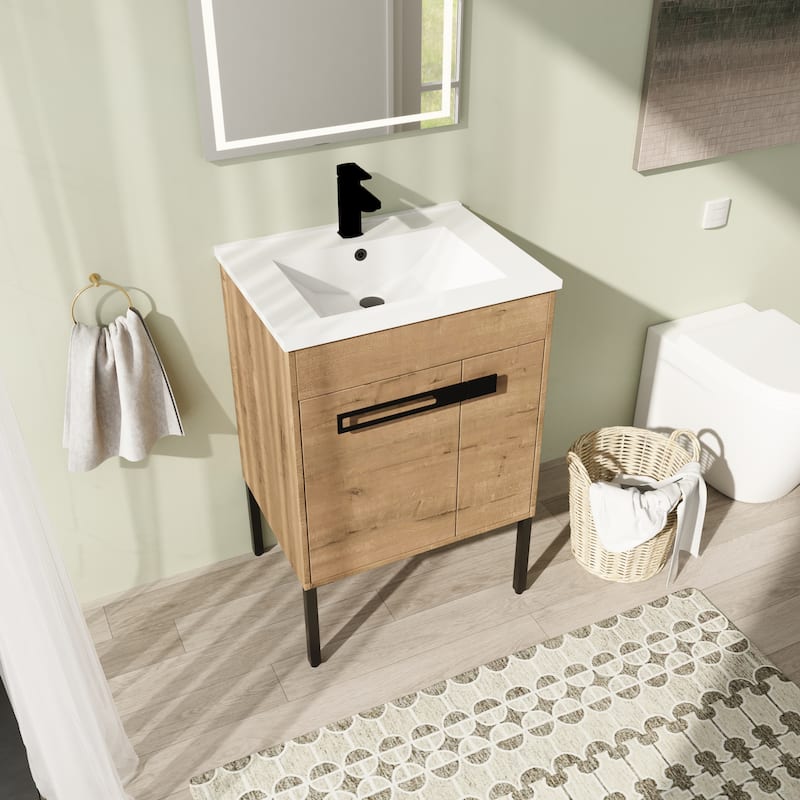 24" FreeStanding Bathroom Vanity with Sink, Floor Stand Bathroom Vanity with Soft Close Door and Adjustable shelf - 24.0"×18.3"×35.6" - Brown