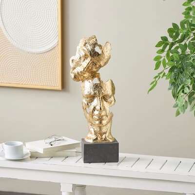 Gold Polystone Stacked Face Cutout Mask Sculpture with Black Block Base