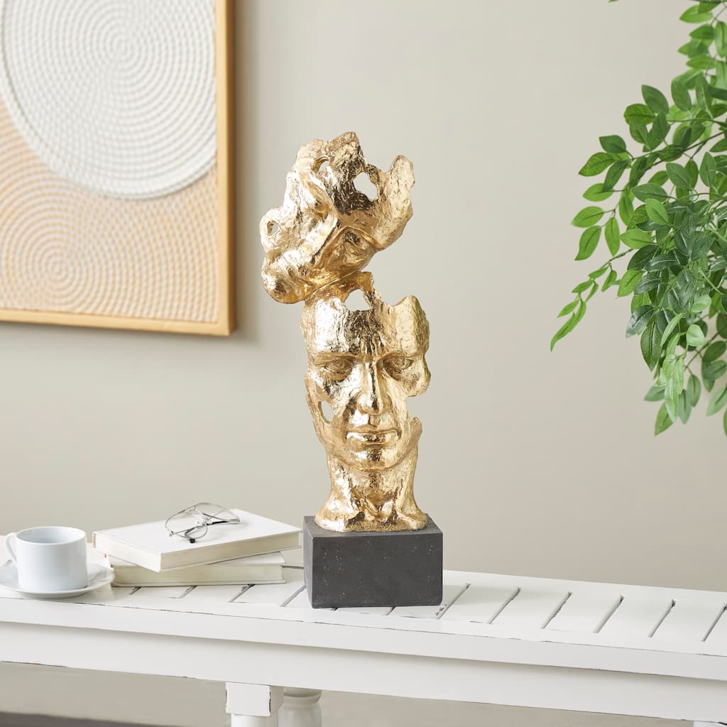 Gold Polystone Stacked Face Cutout Mask Sculpture with Black Block Base