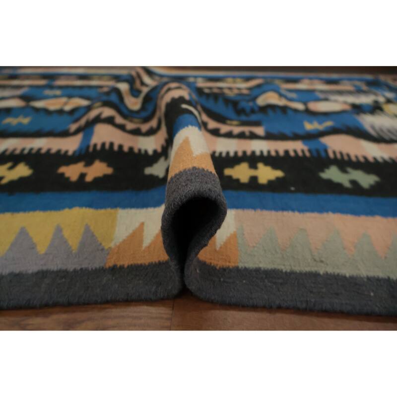 Hand Woven Oriental 100% Wool Carpet Southwestern Tribal Navy Blue & Blues Kilim Area Rug - 6' 11'' X 4' 5''