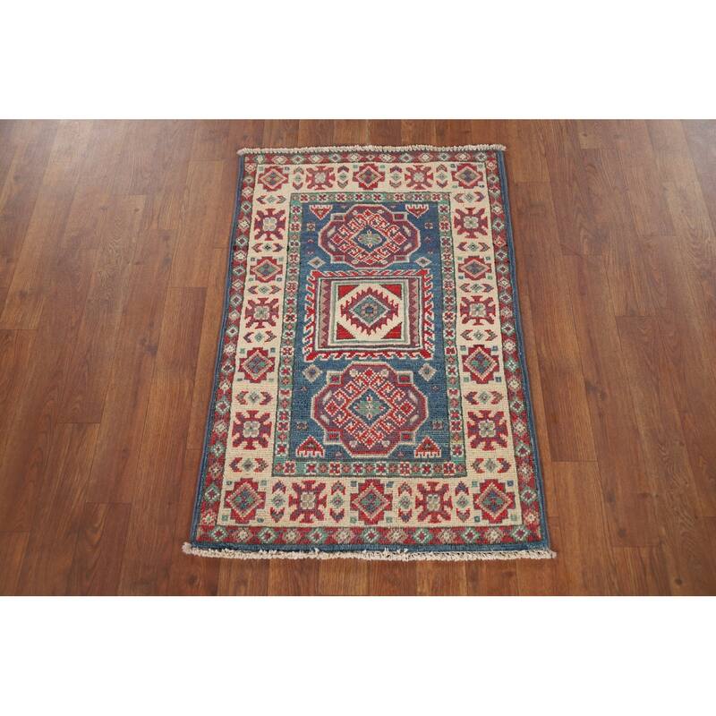 Blue Geometric Kazak Foyer Rug Handmade Wool Carpet - 2'0" x 3'0"