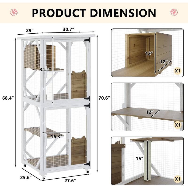 BOSSIN 71" Outdoor Catio Enclosure with Removable Floor, Scratching Post & 4 Wheels, Waterproof Roof