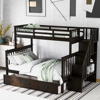 Industrial Modern Stairway Twin over Full Bunk Bed with Drawer, Storage and Guard Rail for Bedroom, Dorm, for Adults, Espresso