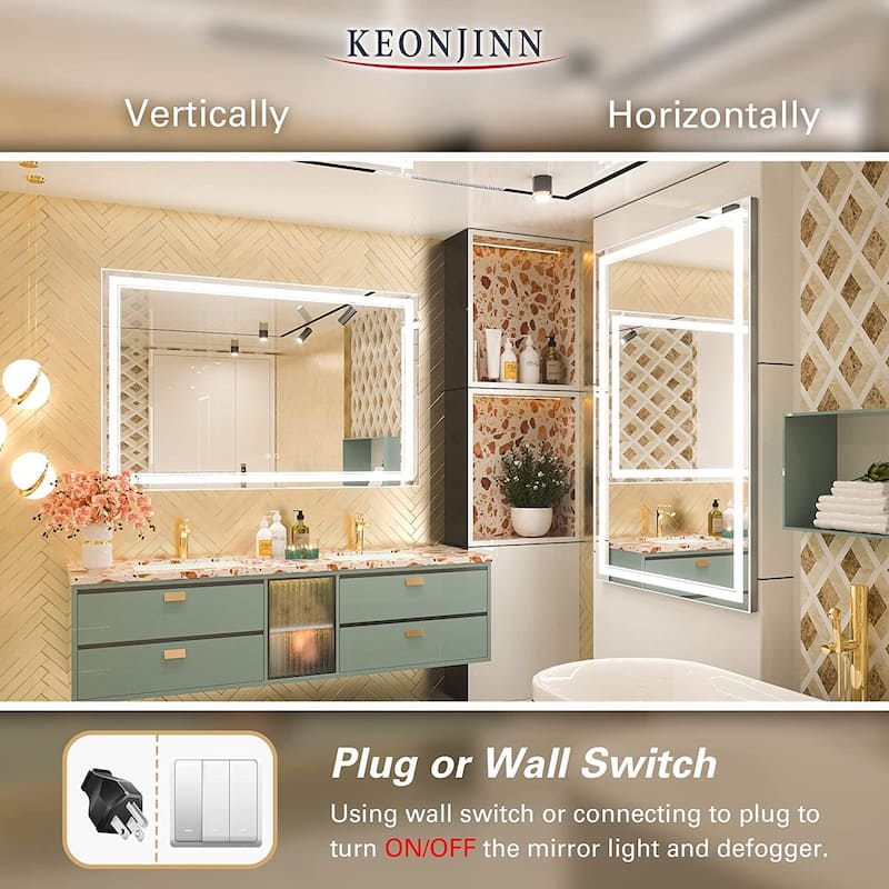 KEONJINN LED Bathroom Vanity Mirror, Wall Mounted Anti-Fog Dimmable Mirror