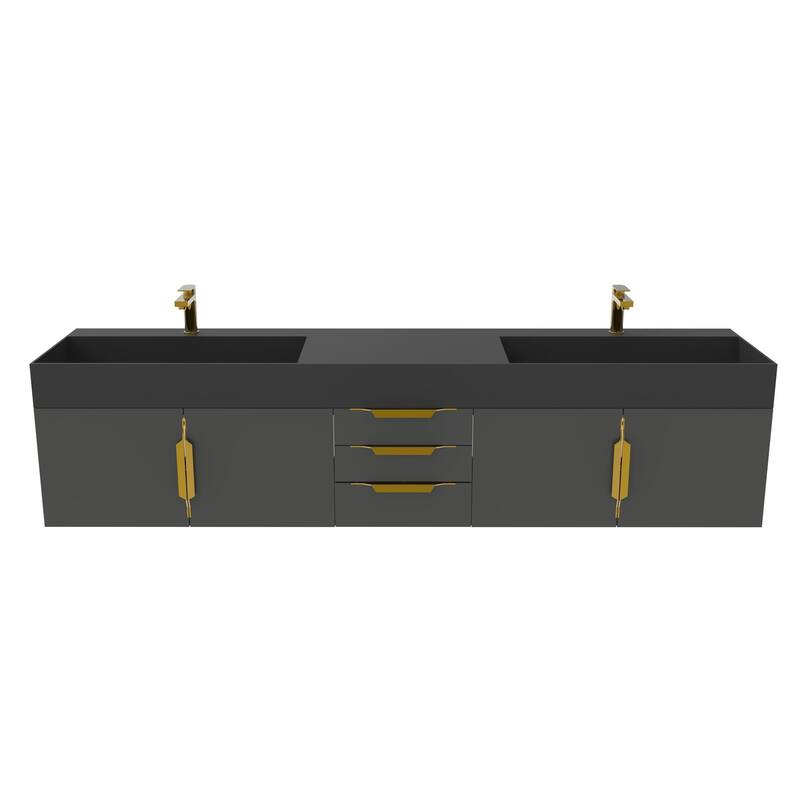 Amazon 84" Wall Mounted Double Bathroom Vanity Set w/ Black Top
