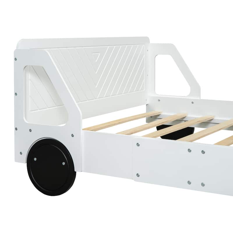 Children's Full Size Platform Bed, Car-Shaped Wooden Bed with Wheels