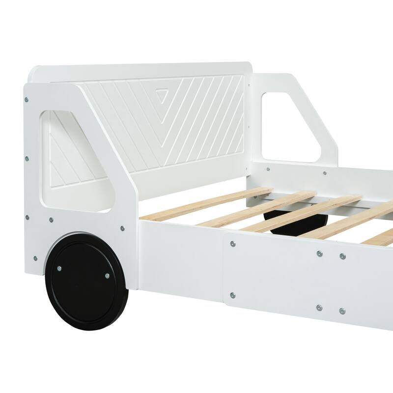 Full Size Car-Shaped Platform Bed with Wheels in White