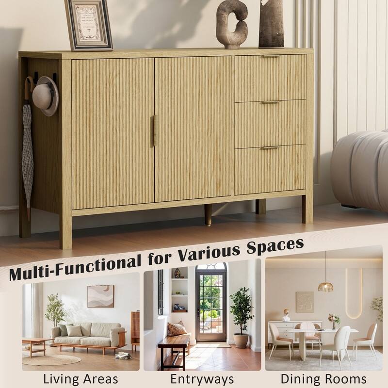 Modern Fluted 2-Door Sideboard with 3 Storage Drawers and Adjustable Hooks for Living Room,Entryway,Hallway