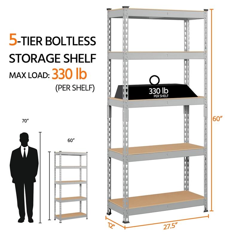 Yaheetech 5 Tiers Boltless Storage Shelf 330lb Capacity for Each Tier,Metal Frame MDF Wood Boards