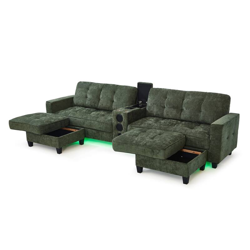 126" U-Shaped Sectional Sofa with Storage Ottomans & Bluetooth Speakers - Modular Couch with LED Lights, Console