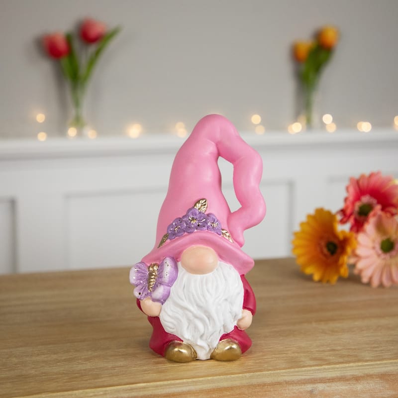 Spring Gnome Figurine and Butterfly - 7"- Pink and Fuchsia - 7"