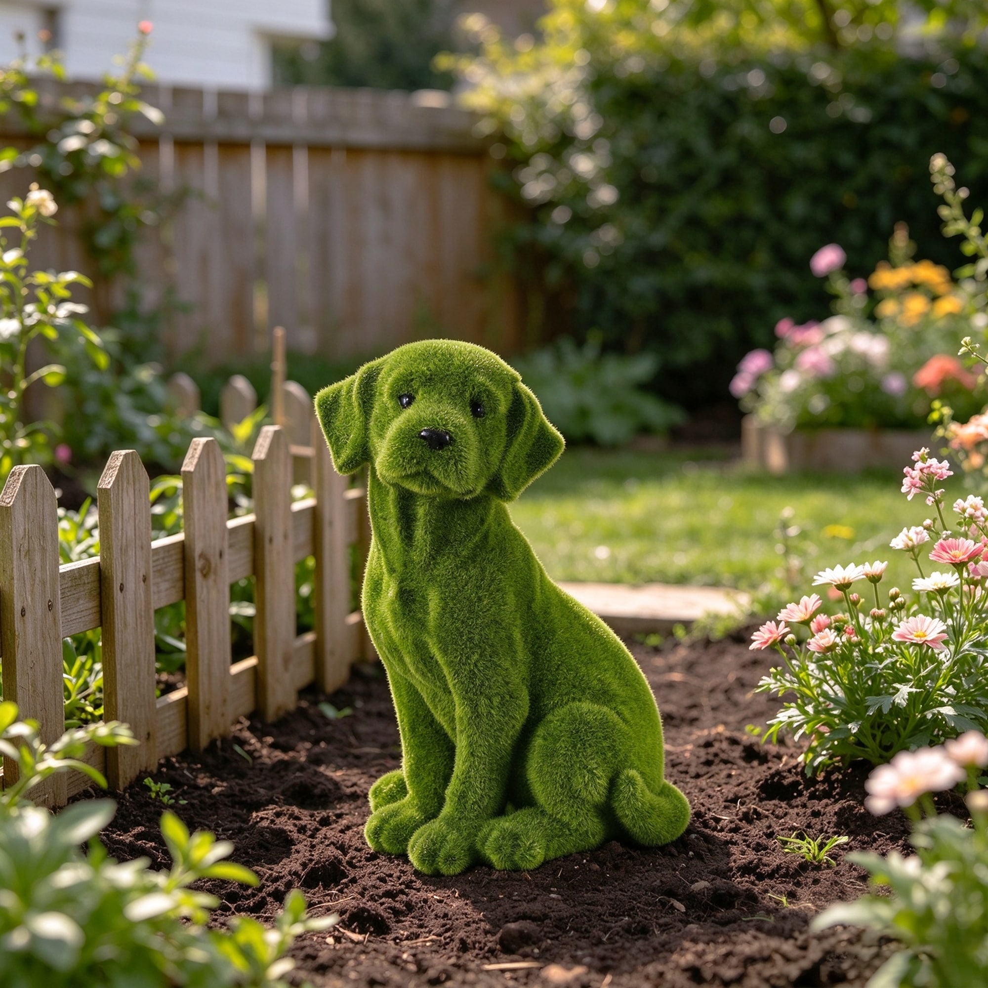 13.4"Garden Statue, Flocked Dog Figurine Style B, Resin Green Grass Effect Puppy Sculpture, Patio Flower Bed Landscape Ornament