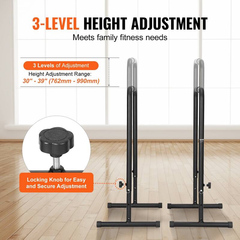 Adjustable Steel Dip Bar 440 lbs. Capacity, 3 Levels, Portable Gym - 25.8" x 18.85" x 40.23"