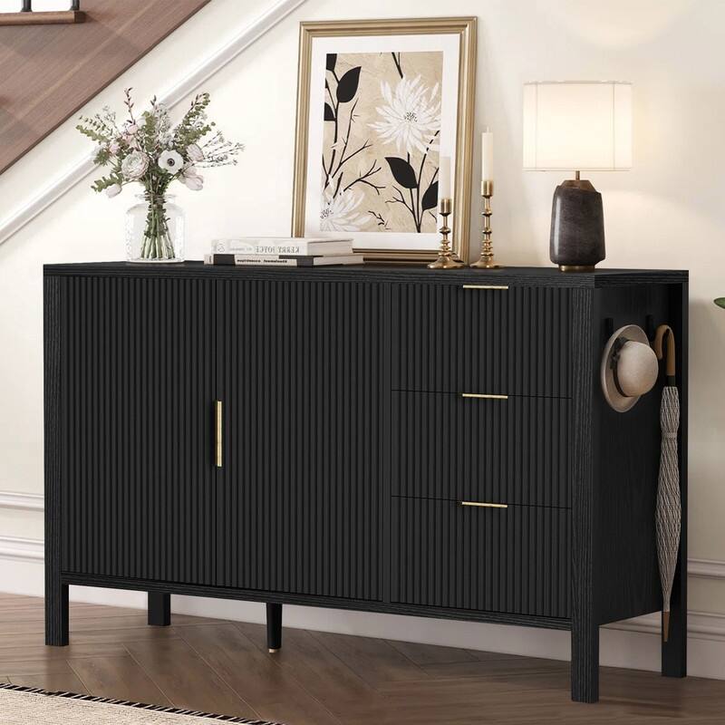 Modern Fluted 2-Door Sideboard with 3 Storage Drawers and Adjustable Hooks for Living Room,Entryway,Hallway