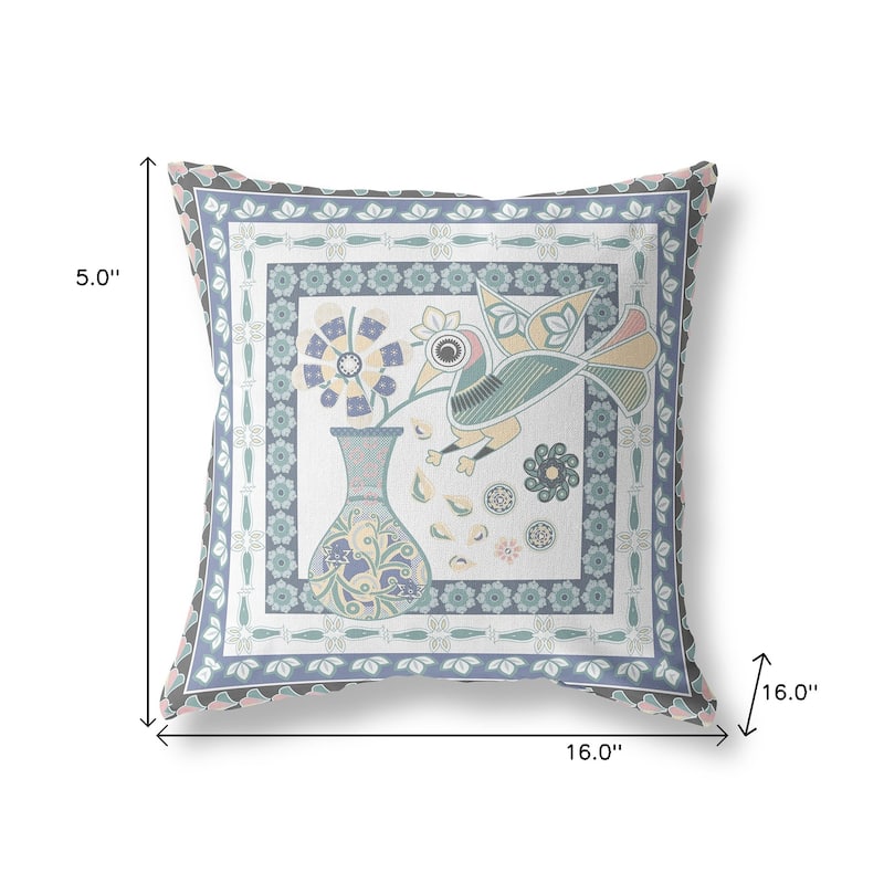HomeRoots 16" x 16" Blue and White Bird Blown Seam Abstract Indoor Outdoor Throw Pillow - 16.00' X '5.00' X '16.00