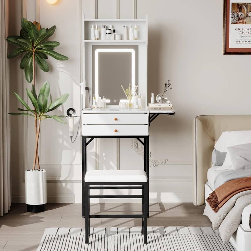 Small Makeup Vanity Desk with LED Mirror, Foldable Side Panel, 2 Drawers