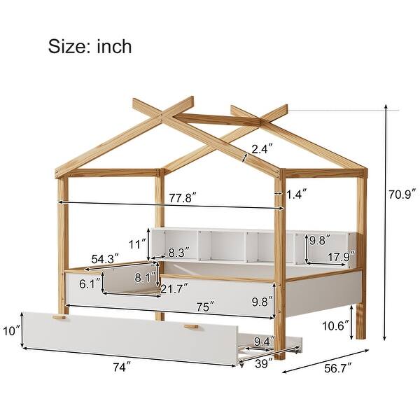 White Full Size Wooden House Bed with Original Wood Colored Frame and Storage
