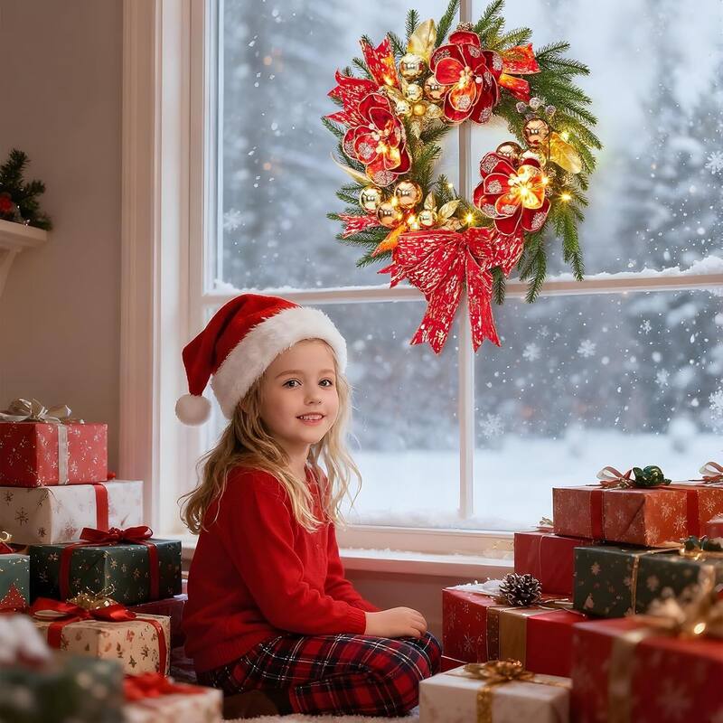 24 Inch Pre-Lit Artificial Pine Christmas Wreath with Warm White LED Lights