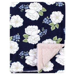 Hudson Baby Infant Girl Plush Blanket with Furry Binding and Back, White Peonies, One Size - White Peonies - One Size