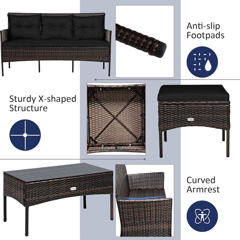 Gymax Set of 3 3-Seat Sofa Cushioned Table Rattan Furniture Set Garden