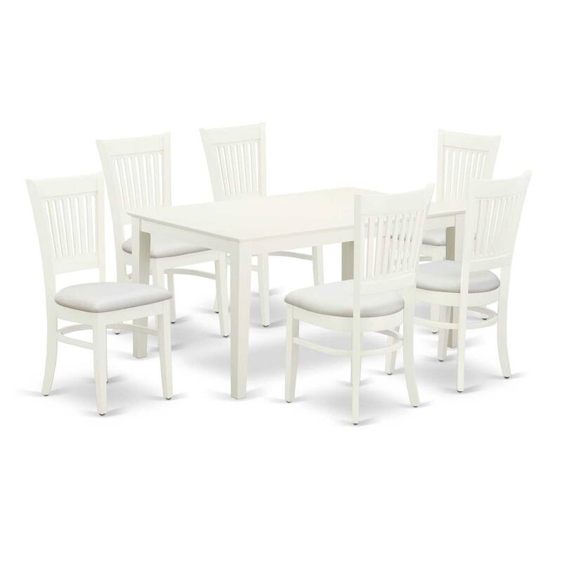 HomeStock 7-Pc Rectangle Linen White Finish Solid Wood Top Dining Table with 6 Chairs with Slat Back