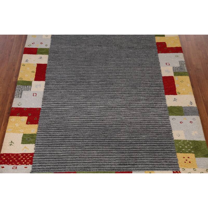 Striped Geometric Gabbeh Indian Area Rug Hand-Tufted Wool Carpet - 5'3" x 7'7"
