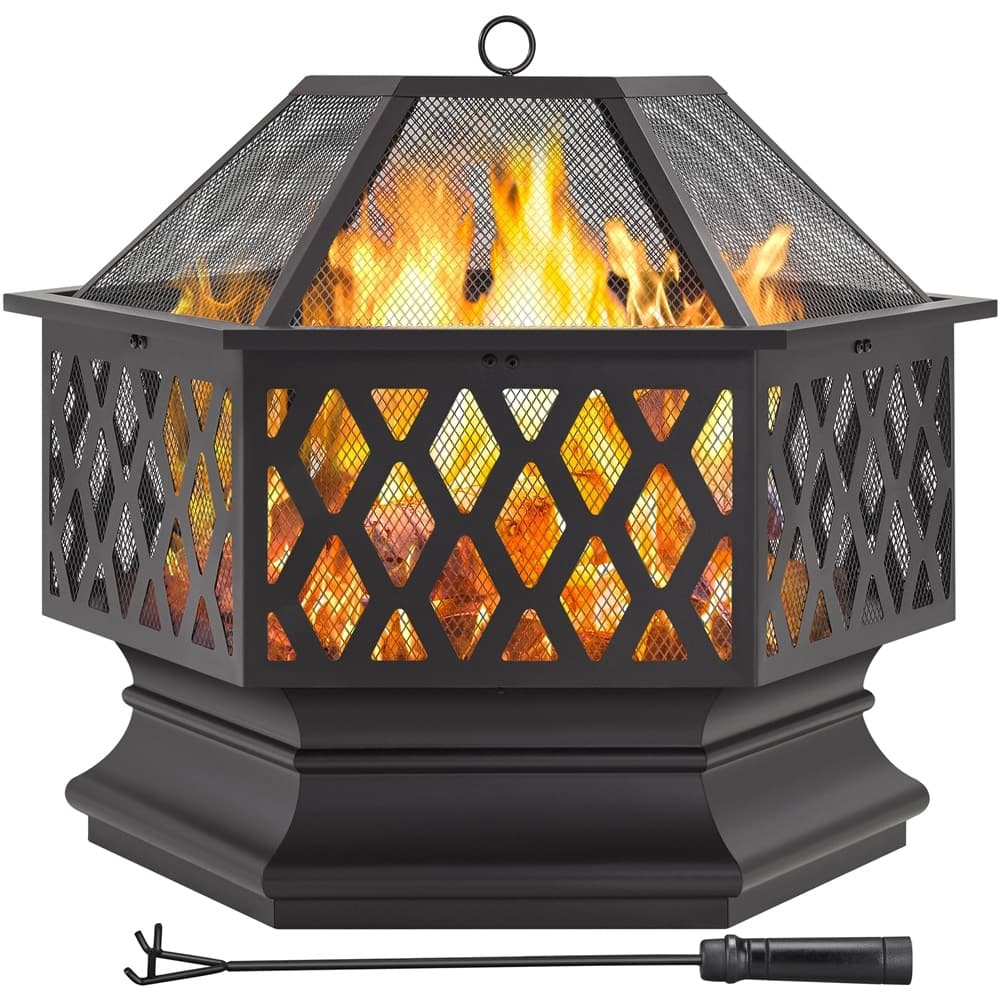 Yaheetech 28" Hex-Shaped Fire Pit Outdoor Fire Pit Wood Burning Metal Firepit Bowl with Spark Screen