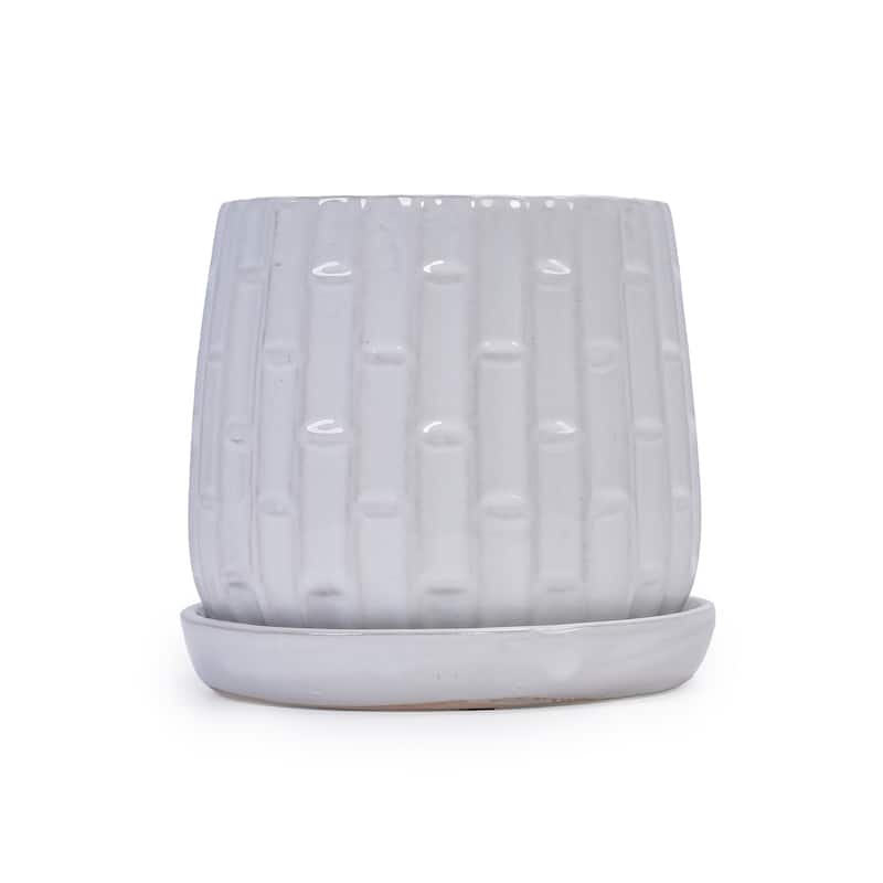 Set of 2 Handmade Ceramic Planters, Includes Saucers, Vertical Ribbed