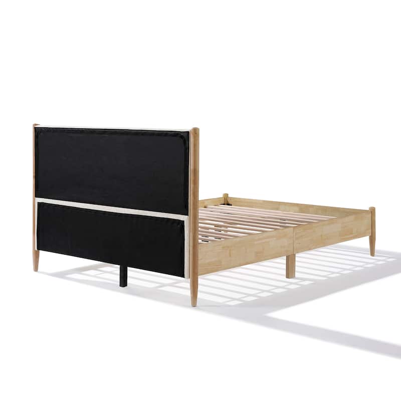 Roomfitters Queen Platform Bed Frame with White Upholstered Headboard, Mid-Century Modern Solid Wood Mattress Base, Natural