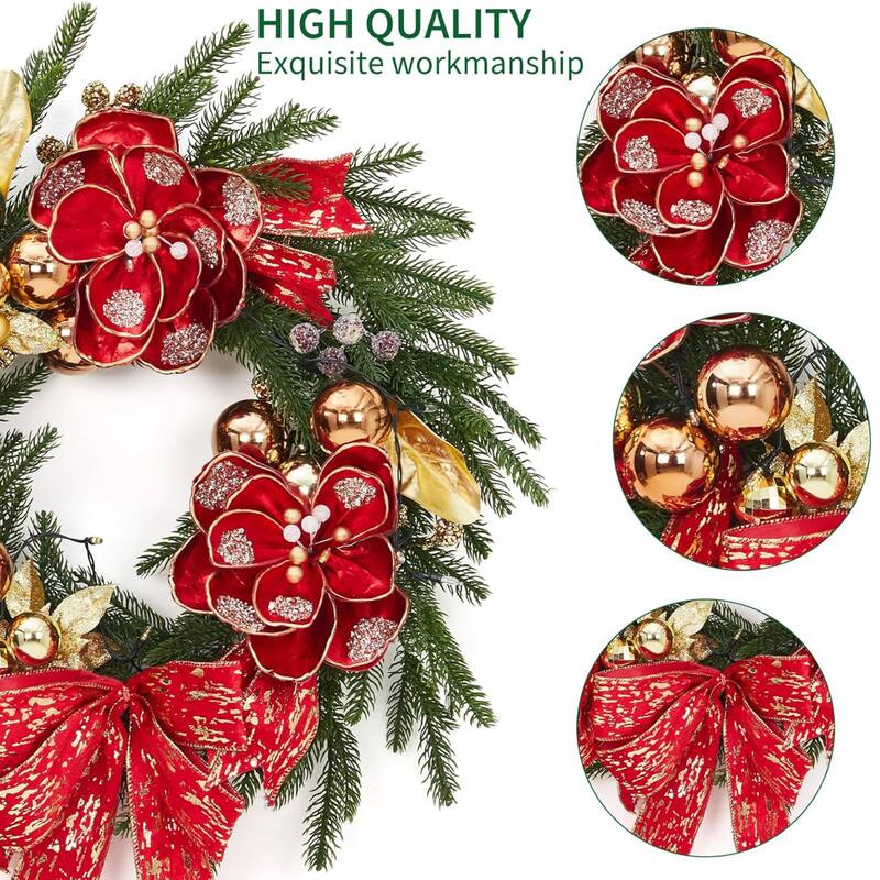 24 Inch Pre-Lit Artificial Pine Christmas Wreath with Warm White LED Lights