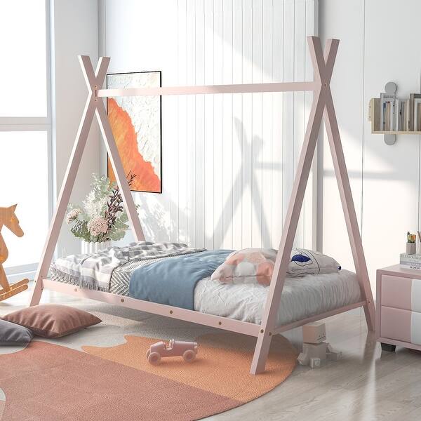 slide 2 of 11, Pink Twin Size Metal House Tent Floor Play Bed with Slat for Kids, Girls and Boys Pink