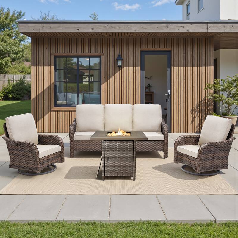 Pocassy Patio Funiture Sofa Swivel Chair Ottoman with Fire Table Set - Beige Cushion - Brown Wicker - 4-Piece Sofa Swivel Chair with Fire Table