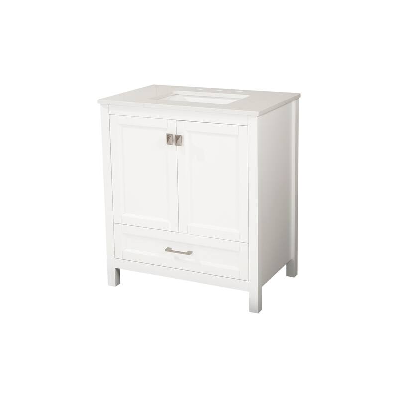 30" Bathroom Vanity with Sink Combo, Fully Assembled Bathroom Sink Cabinet with Marble Countertop, White