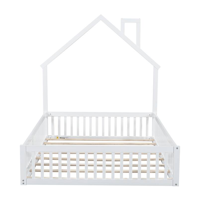 Full Size House Platform Bed with Guardrail, White