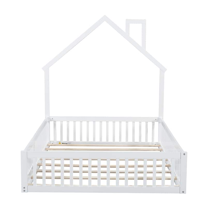 Wooden Full Size House Platform Bed with Fence and Door, Solid Pinewood Full Size Floor Bed Frame with House Shaped Headboard