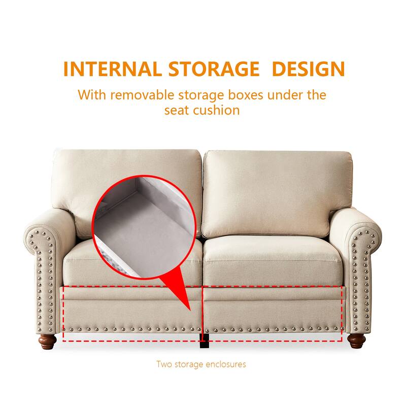 Beige Fabric Loveseat with Storage, 60x32x35 inches