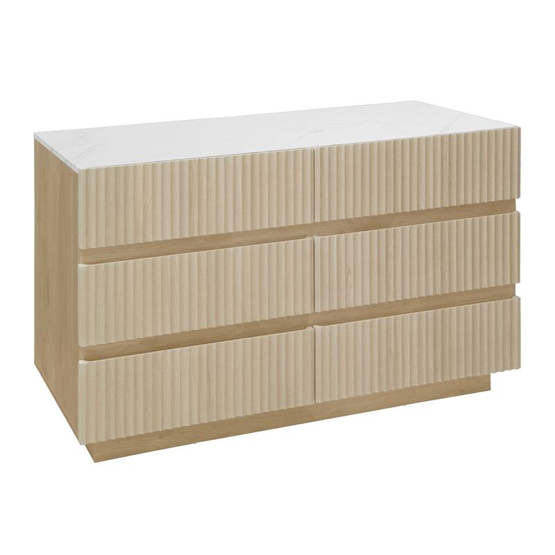 Fluted 6 Drawer Dresser, Double Dresser Chest with LED lights