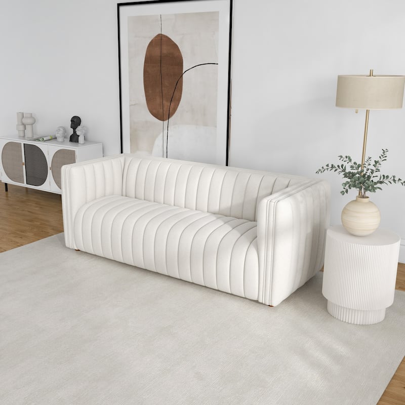 Rasam Mid Century Modern Luxury Tight Tufted Back French Boucle Couch in Cream