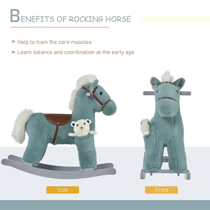 Plush Rocking Horse with Bonus Bear Toy and Sound for Toddlers Wooden Base - 25.5" L x 10.25" W x 21.75" H